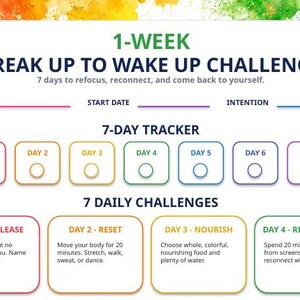 Puede incluir: Una hoja de seguimiento de desafío 1-week break up to wake up challenge blanca con un borde de acuarela colorido. Incluye campos para nombre, fecha de inicio e intención, un rastreador de 7 días con casillas circulares y 7 desafíos.