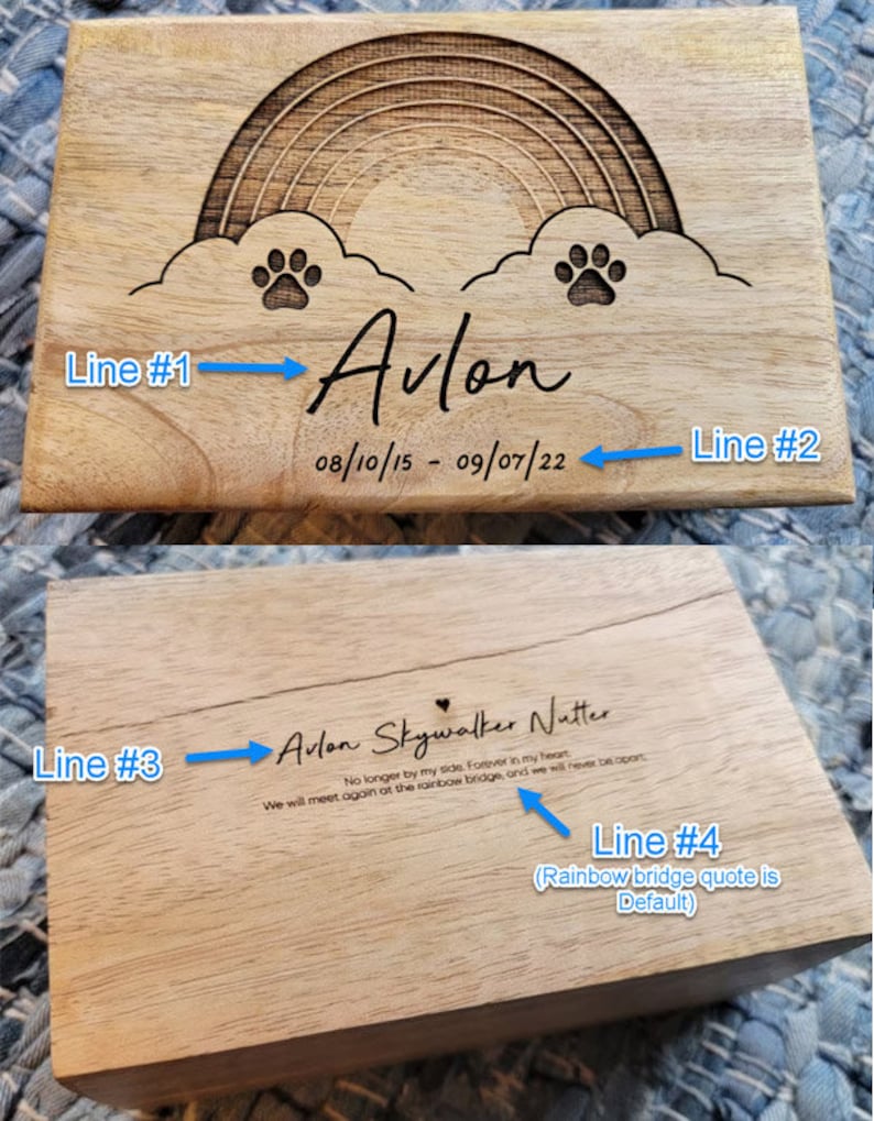 Personalized Rainbow Pet Urn, Pet Remains Wood Box, Cremation Cat Ashes, Urn Box Dog Ashes, Custom Funeral Box, Rainbow Bridge Box, Keepsake Top and Bottom