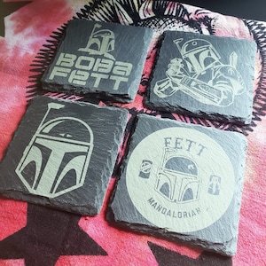 Engraved Boba Fett Gray Slate Coaster, Drink Coasters, Engraved Stone Coasters, Mandalorian Inspired Coasters, Star Coaster Wars