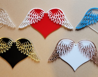 卸売ハート＆天使の羽、メモリアルブランク、クリスマスオーナメントブランク、ハンギングクラフトDIY、ホリデーツリーオーナメントブランク、ローズゴールドウィング