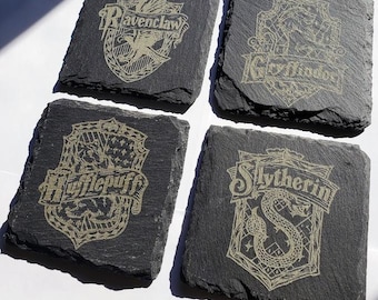 Wizard Slate Coaster, Engraved Gray Drink Natural Stone, Harry Inspired, Gryffindor, Ravenclaw, Hufflepuff, Slytherin Wizard Houses