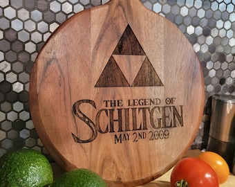 Personalized "The Legend of" Round Acacia Cutting Board, 10 inch Wood Geeky Kitchen Decoration, Custom Wedding Video Game Present, Nerd Gift