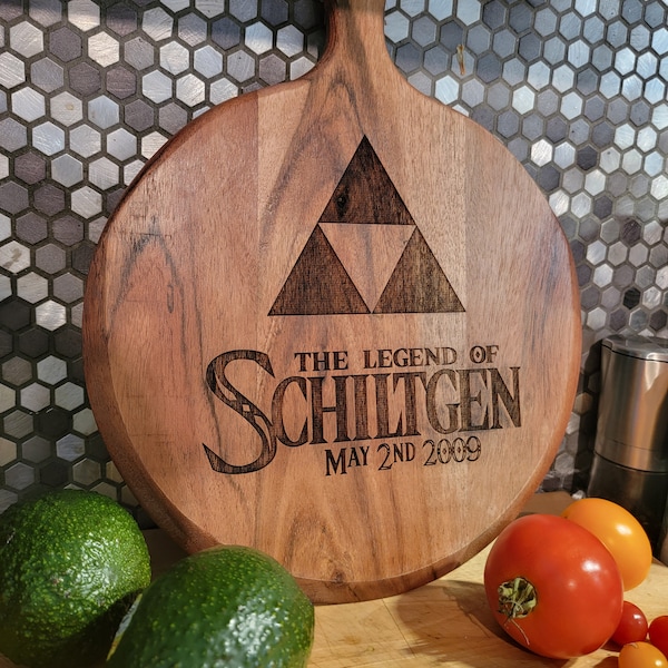 Personalized "The Legend of" Round Acacia Cutting Board, 10 inch Wood Geeky Kitchen Decoration, Custom Wedding Video Game Present, Nerd Gift