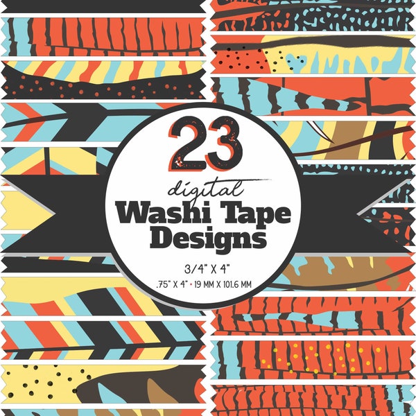 Washi Tape - DIGITAL Washi Tape. Bold Graphics in Red, Black, Aqua, Yellow and Brown. 46 Files.