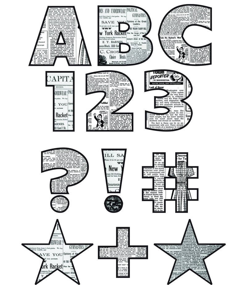 Alphabet With Newspaper Fill in ALL CAPS, Plus Numbers 09. Bold