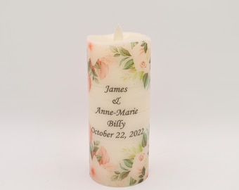Personalized Wedding Candle: Pink Lilly Floral Centerpiece, Custom Text, LED Wax Candle