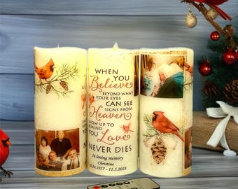 Personalized Christmas Memorial Candle, Red cardinal decor, Battery Operated Candle