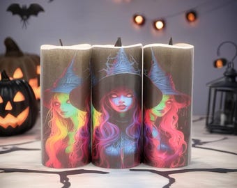 Neon Witches Flameless Candle: Battery Operated Black Flame Halloween Decor