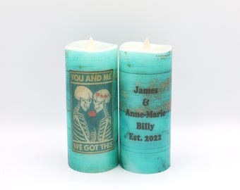Personalized Skeleton Flameless Candle, Teal Anniversary Gift