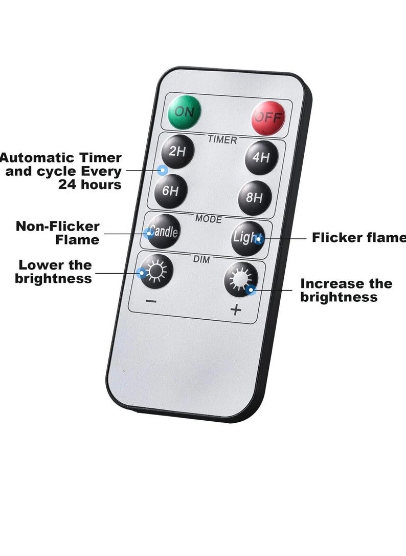 Remote option available. The candle itself has an on/off switch. The remote allows you to set a timer, change the brightness, and adjust the light settings.