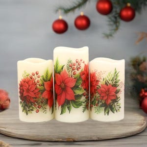 Poinsettia flameless candle set with remote option, real wax battery operated candle set for Holiday Home décor, subtle and elegant