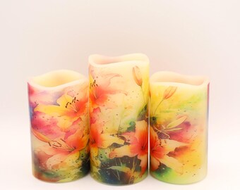 Lily Floral Flameless Candles: Real Wax LED Home Decor with Remote option
