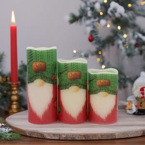 Christmas gnome flameless candles, real wax battery operated LED candle set, Candle ambiance without risk of flame, remote option available