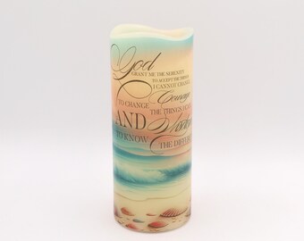 Serenity Prayer LED Candle, Beach Sunset Scene, Flameless Ambiance (Remote Option)