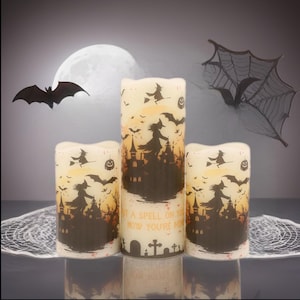Juego de velas sin llama para Halloween: decoración de brujas y murciélagos, opción de control remoto