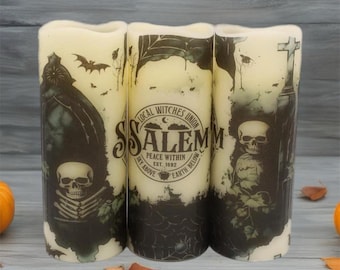 Flameless Salem Candle: Real Wax LED, Halloween Home Decor, Remote Option