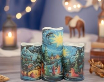 Nativity Scene Flameless Candle Set: Holiday Home Decor with Remote option