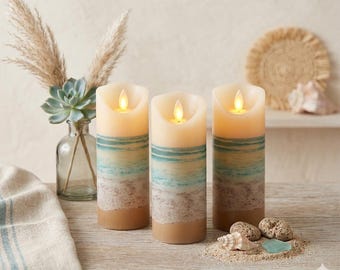 Beach Theme Flameless Candle Set: Handmade LED Home Decor (Remote Option)