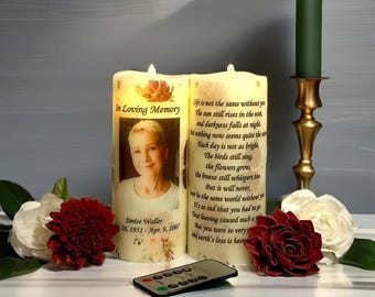 Custom Memorial Candle with Photo, Personalized Remembrance Gift, flameless candle with remote option
