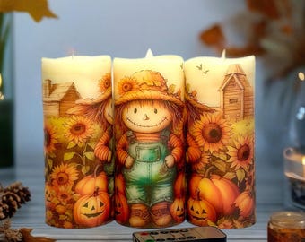 Fall Scarecrow Flameless LED Candle Thanksgiving Table Centerpiece Autumn Home Decor Harvest Decoration