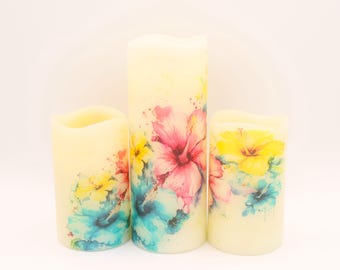 Hibiscus Floral Flameless Candles: Modern Home Decor with/without Remote