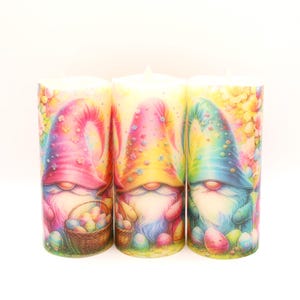Colorful Easter gnomes flameless candles, real wax battery operated flameless candles with colorful Easter gnome design, Easter home décor