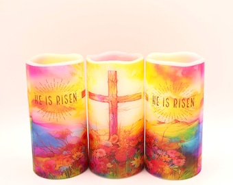 He Is Risen Easter Candle: Flameless Real Wax with Floral Cross