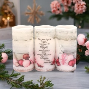 Christmas flameless candle gifts for family, friends, coworkers.  Personalized real wax battery operated vanilla scented flameless candles