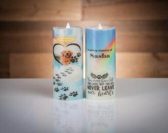 Personalized Pet Memorial Candle, Rainbow Bridge Flameless candle, Dog Cat Loss Remembrance gift, Remote Control option