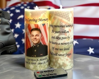 Personalized Veteran Memorial Candle, Custom Photo Flameless LED Candle (Remote Option)