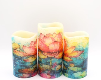 Floral Lotus Flameless Candle: Watercolor Home Decor (Remote Option)