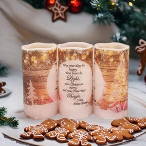 Christmas flameless candle gifts for family, friends, coworkers.  Personalized real wax battery operated vanilla scented flameless candles