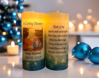 Christmas memorial candle, flameless real wax candle to honor lost loved ones, blue snowflake