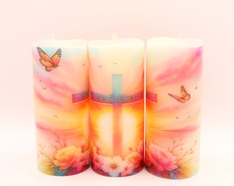 Easter home decor, flameless candle, He is risen