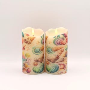 Beach seashell flameless candle home decor, real candle ambiance without risk of flame, beach themed home decor