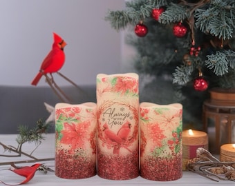 Red Cardinal Memorial Candle: Battery Operated Christmas Decor with Remote option
