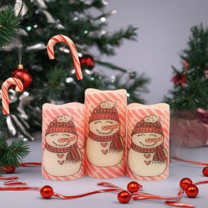 Candy cane snowmen Christmas home décor, real wax, battery operated, candy cane and snowmen, flameless candle set with remote option