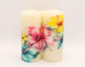 Hibiscus Floral LED Candle, Summer Home Decor, Flameless Ambiance (Remote Option)