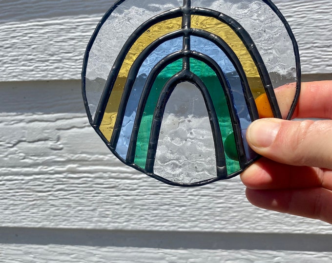 Colourful, eye-catching rainbow suncatcher, leadlight rainbow, stained glass window hanging