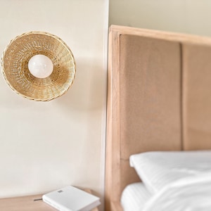 Wall sconce, plug in wall sconce, wall bedside lamp, led light, wall light, wood sconce, wood pendant light, lampshade, mid century lamp