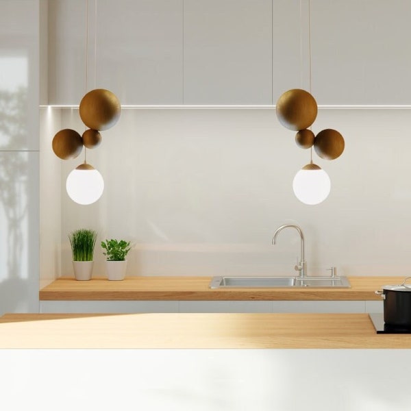 Pendant light for kitchen islands, hanging light, wood modern lamp, lighting chandelier, mid century lamp, three wooden bubbles, hanging lamp