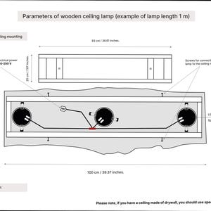 May include: Diagram showing the parameters of a wooden ceiling lamp with LED spotlights. The diagram shows the dimensions of the lamp, the mounting plate, and the electrical connections. The text in the image reads "Parameters of wooden ceiling lamp (example of lamp length 1 m)", "Wooden interior ceiling mounting", "Terminal block for electrical power source connection 110-250 V", "28-33 cm / 11.02-12.99 inches", "20 cm / 7.87 inches", "93 cm / 36.61 inches", "100 cm / 39.37 inches", "Screws for connecting a wooden lamp to the ceiling mounting", "LED Fixed Ceiling Light Spotlights", "Wooden ceiling light", "Please note, if you have a ceiling made of drywall, you should use special drywall anchors".
