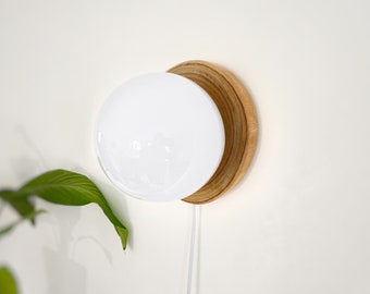 Plug in wall minimal wooden and white globe sonce, wall light plug in, handmande pendant light, round mid century scandinavian sconce lamp