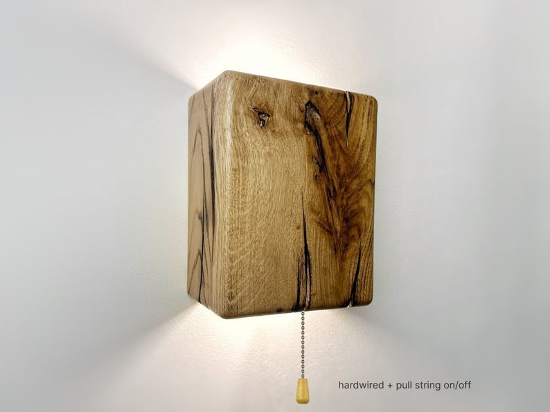 Enchufe de madera hecho a mano en aplique de lámpara de pared o con interruptor, lámpara de noche de pared de tamaño personalizado, iluminación de aplique, pantallas de lámparas, luces de pared de madera imagen 6