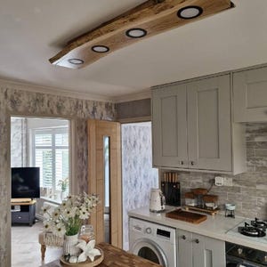 Handmade wood ceiling lamp, flushmount ceiling light fixture, wooden base midcentury pendant lighting, floating liveedge oak wood chandelier image 3