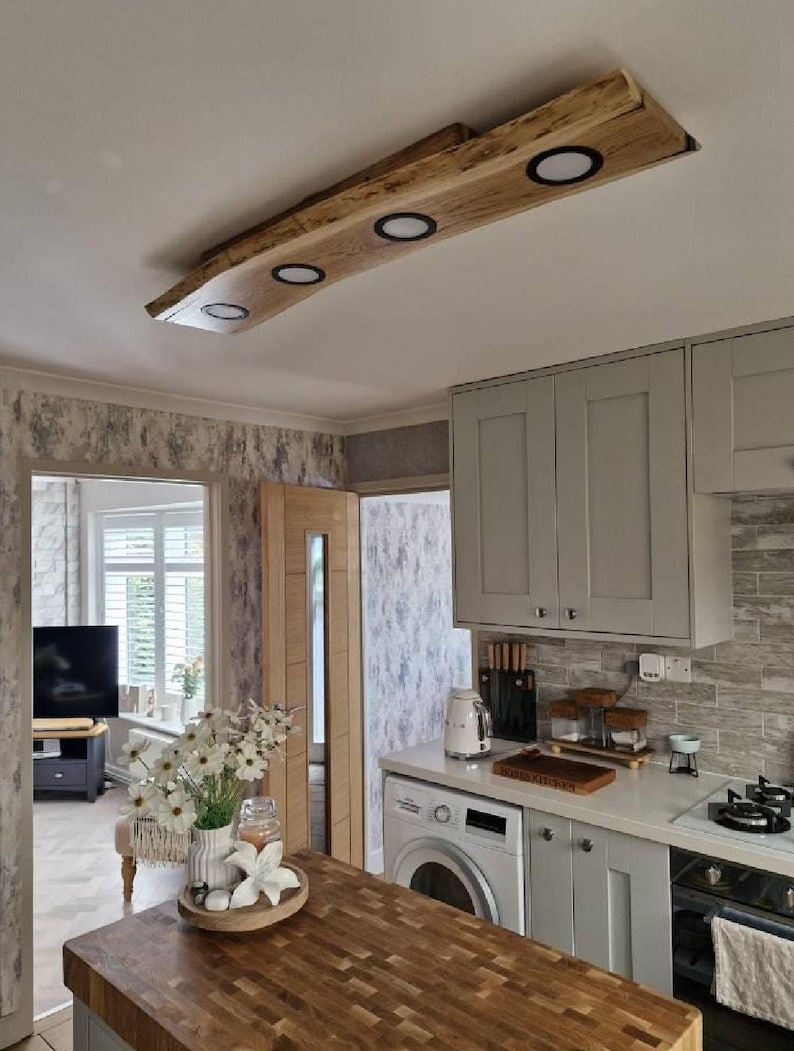 Handmade wood ceiling lamp, flushmount ceiling light fixture, wooden base midcentury pendant lighting, floating liveedge oak wood chandelier image 3