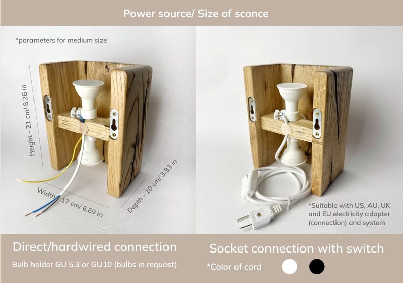 Handgefertigte Plug-In-Wandleuchte aus Holz oder mit Schalterbefestigung, Wand-Nachttischlampe in Sondergröße, Wandleuchte, Lampenschirme, Wandleuchten aus Eichenholz Bild 4