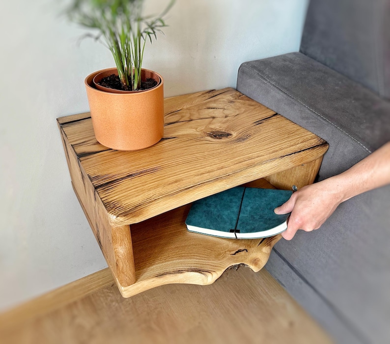 Natural oak floating nightstand, solid wood side table, handmade floating shelves, bedside table, wall nightstand, custom wooden bookcase image 2