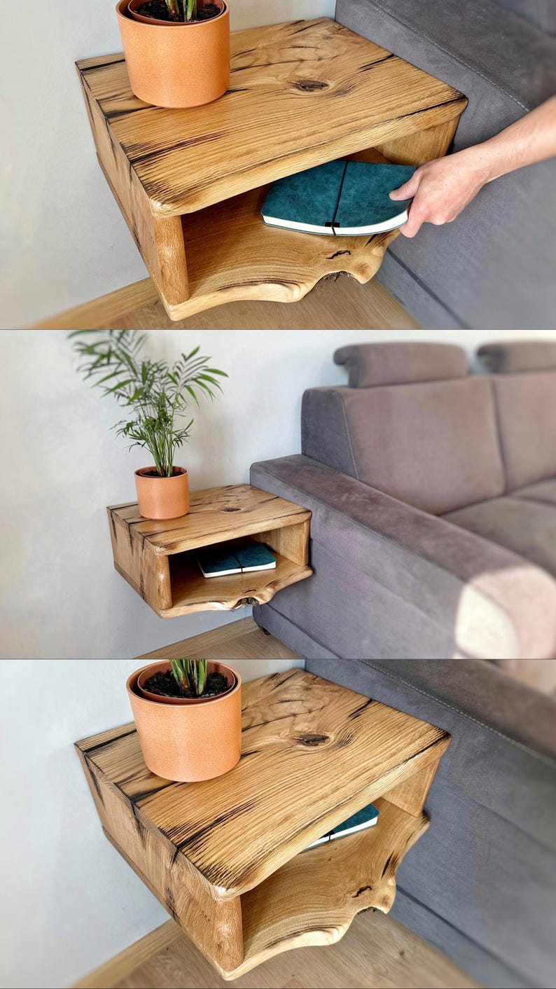 May include: A wooden wall-mounted shelf with a curved edge and a lower shelf. The shelf is made of natural wood with a rustic finish and is shown with a potted plant and a book on the shelf.