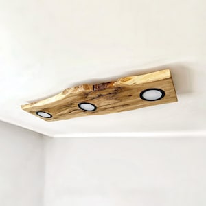 Lámpara de techo artesanal de madera, plafón empotrado, lámpara colgante de estilo midcentury con base de madera, lámpara de araña flotante de roble con borde natural